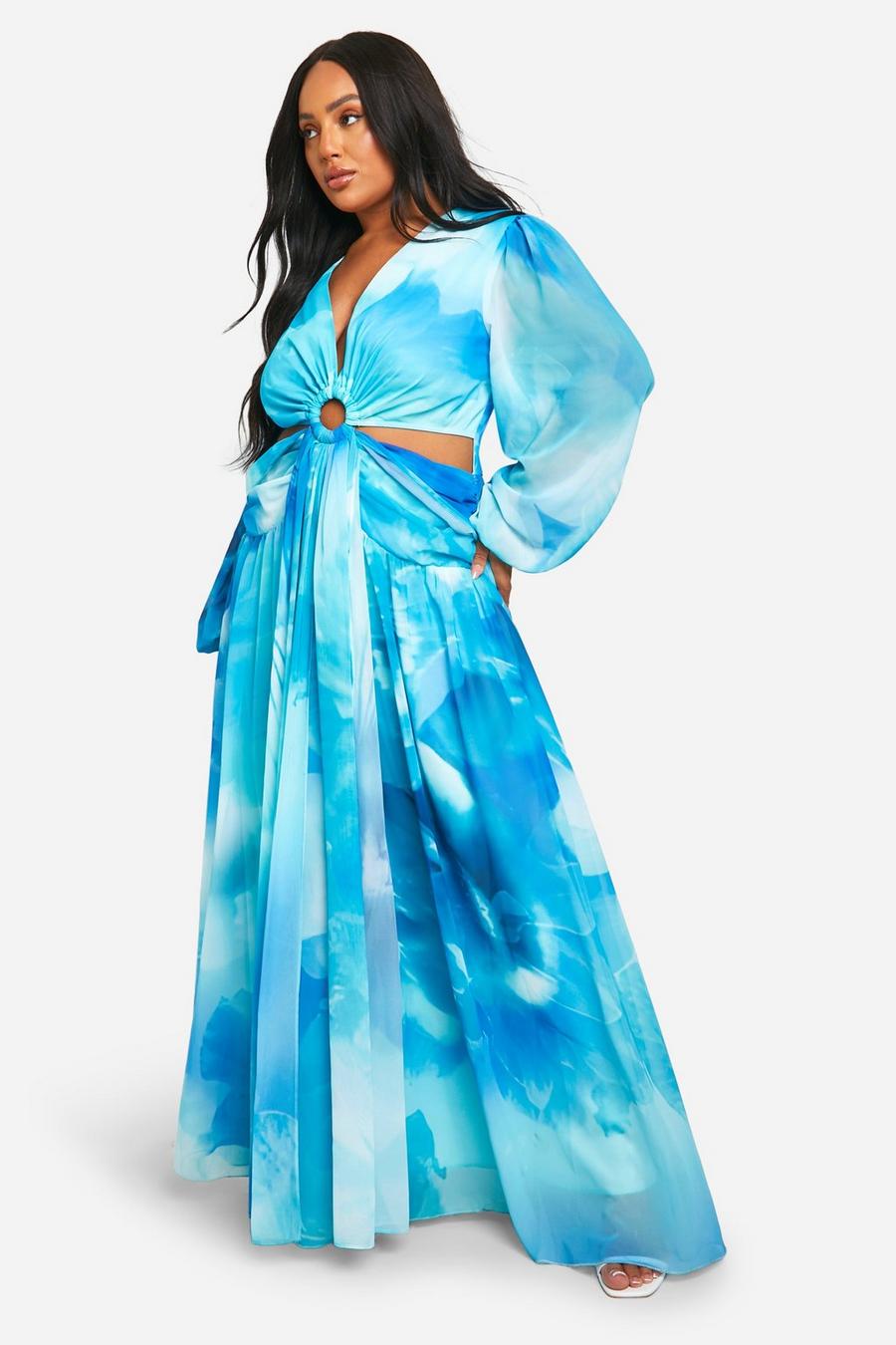 Blue Plus Printed Chiffon Cut Out Maxi Dress 