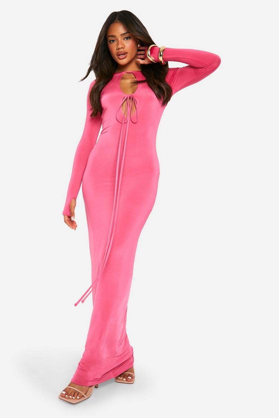 Hot pink Cut Out Tie Detail Slinky Maxi Dress image number 1