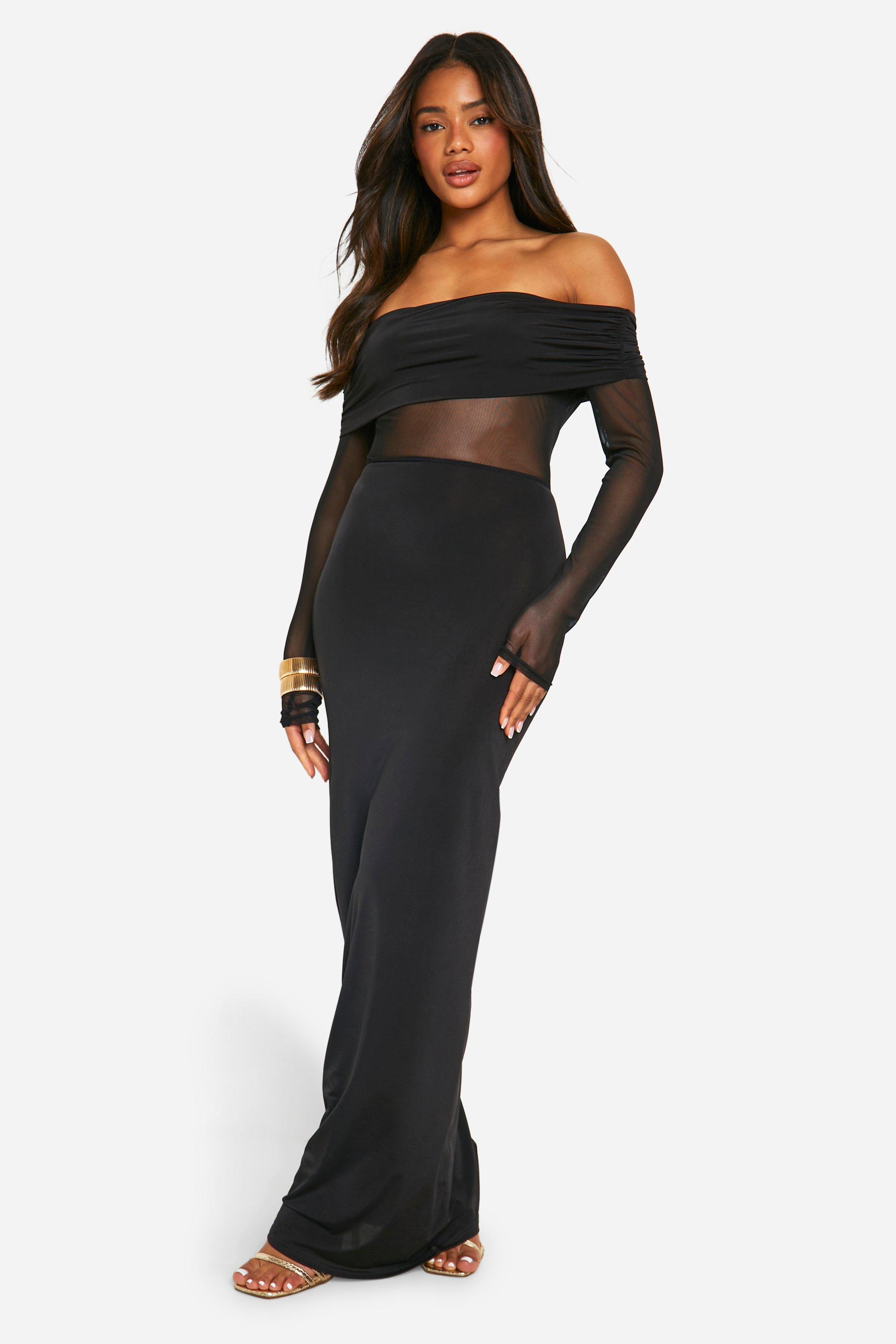 Off The Shoulder Slinky Mesh Insert Maxi Dress | boohoo USA