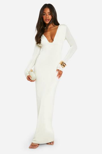 Ivory White Plunge Slinky Maxi Dress