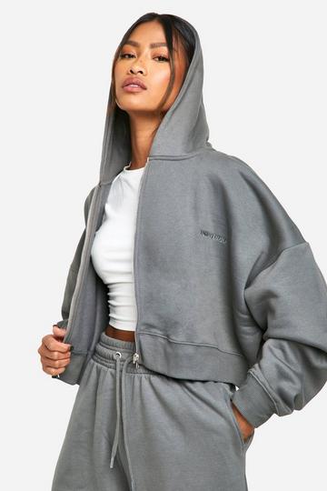 Dsgn Studio Embroidered Zip Through Boxy Crop Hoodie charcoal