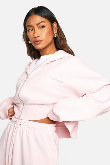 Dsgn Studio Embroidered Zip Through Boxy Crop Hoodie light pink