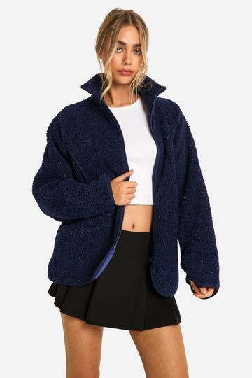 Textured Oversized Teddy Zip Up Jacket navy