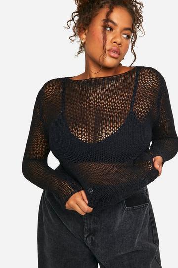 Plus Loose Knit Fine Gauge Sheer Sweater black