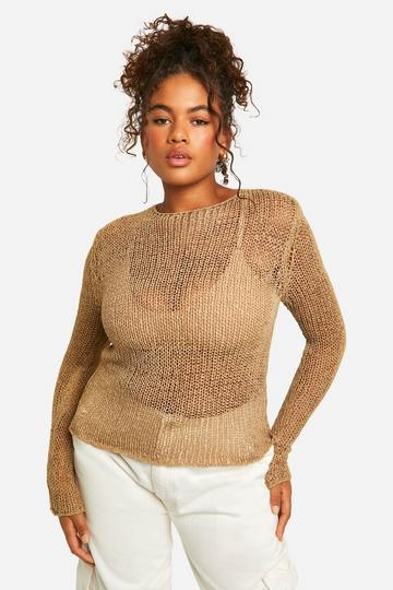 Plus Loose Knit Fine Gauge Sheer Sweater taupe