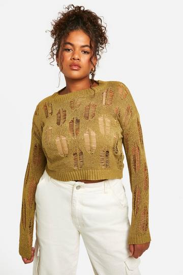 Grande taille - Pull en maille transparente khaki