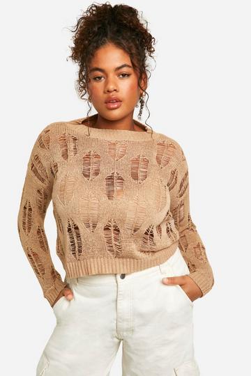 Plus Ladder Detail Sheer Jumper taupe