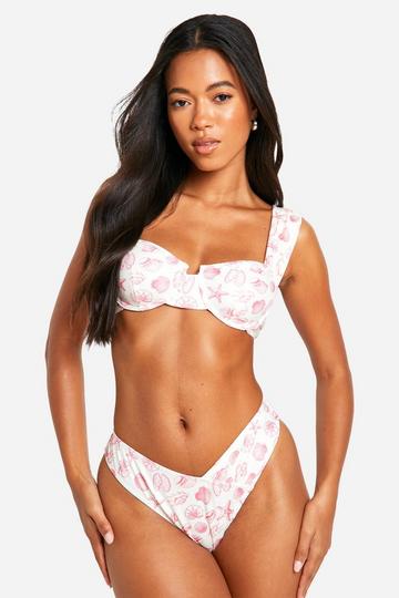 Ribbed Shell Print Underwired Bikini Top white