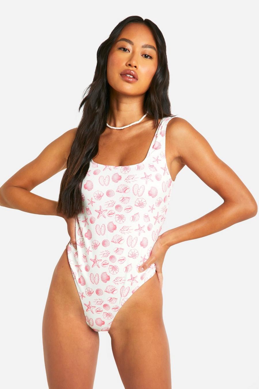White Ribbed Shell Print Scoop Swimsuit image number 1