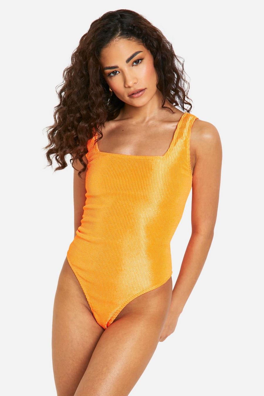 Costume intero Petite a coste con scollo quadrato, Orange