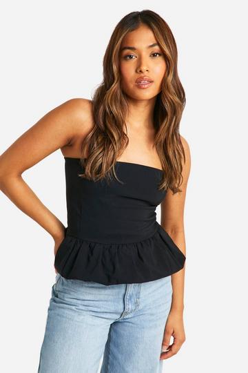 Black Petite Bandeau Puffball Peplum Top