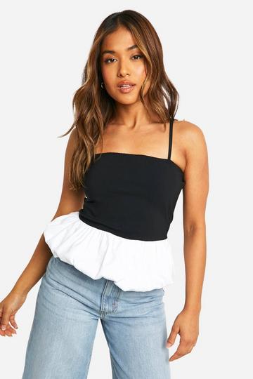 Petite Strappy Contrast Puffball Peplum Top black_white