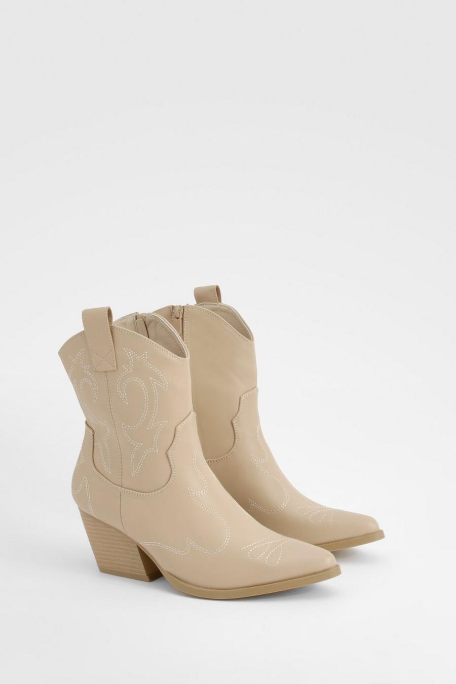 Stitch Detail Western Ankle Boots, Sand