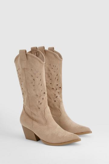 Cut Out Detail Knee High Western Boots sand