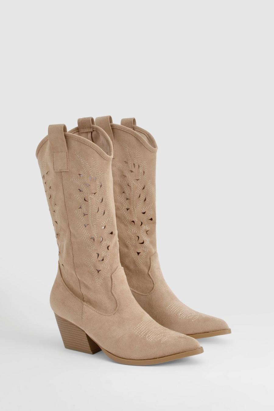 Sand Cut Out Detail Knee High Cowboy Boots image number 1