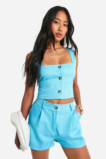 Textured Linen Look Fitted Tailored Shorts turquoise