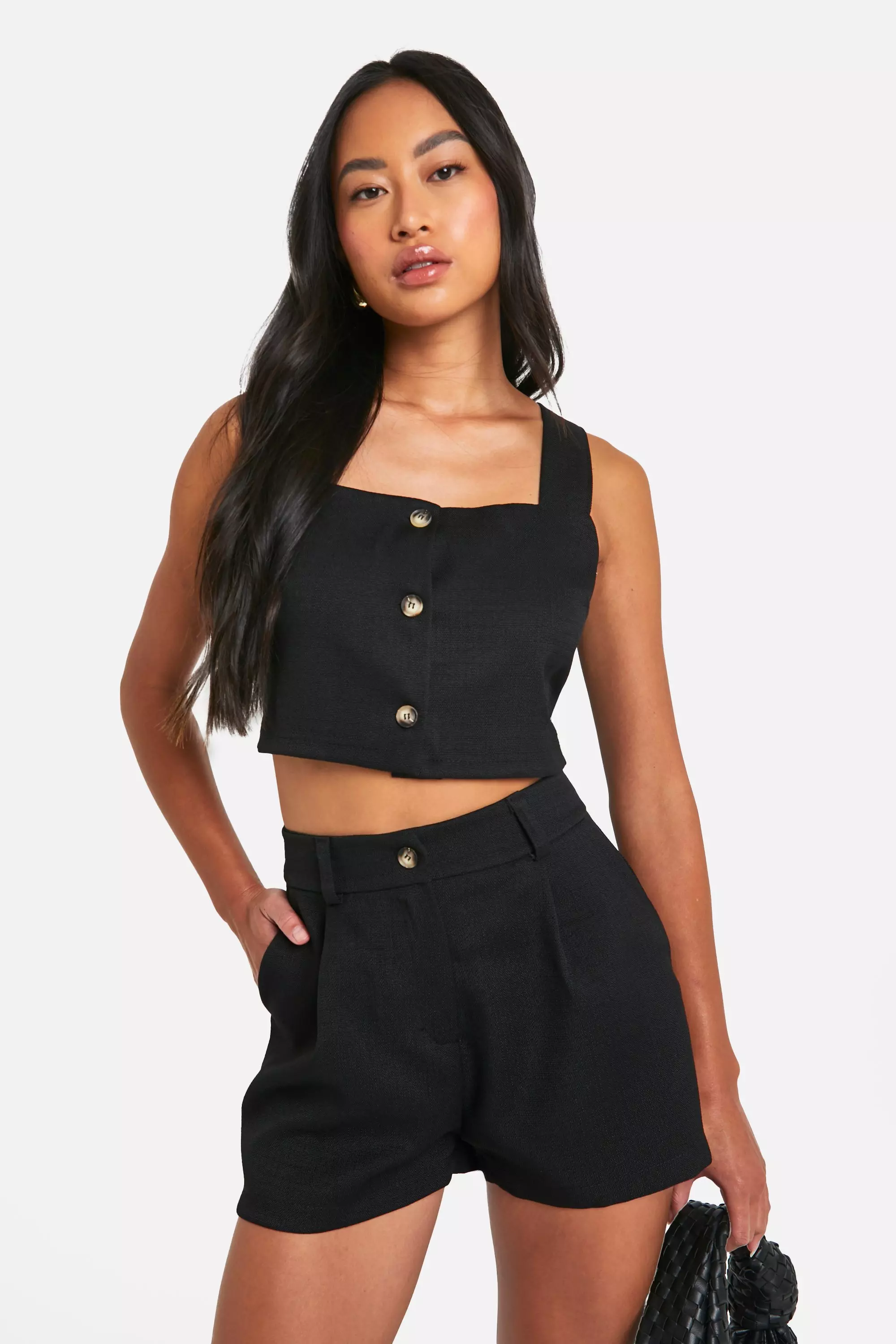 Black Textured Linen Look Fitted Tailored Shorts alternative image