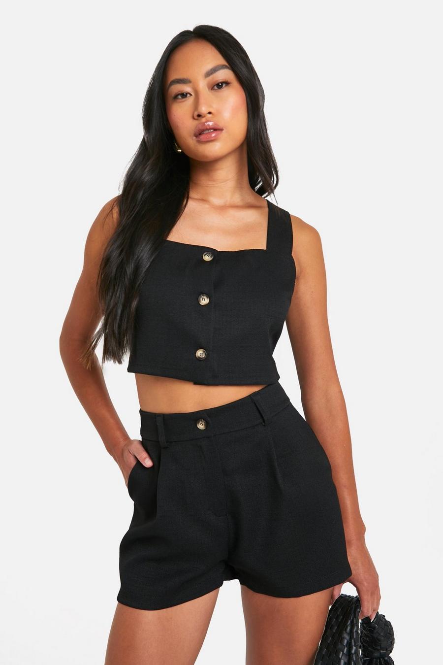 Black Textured Linen Look Fitted Tailored Shorts