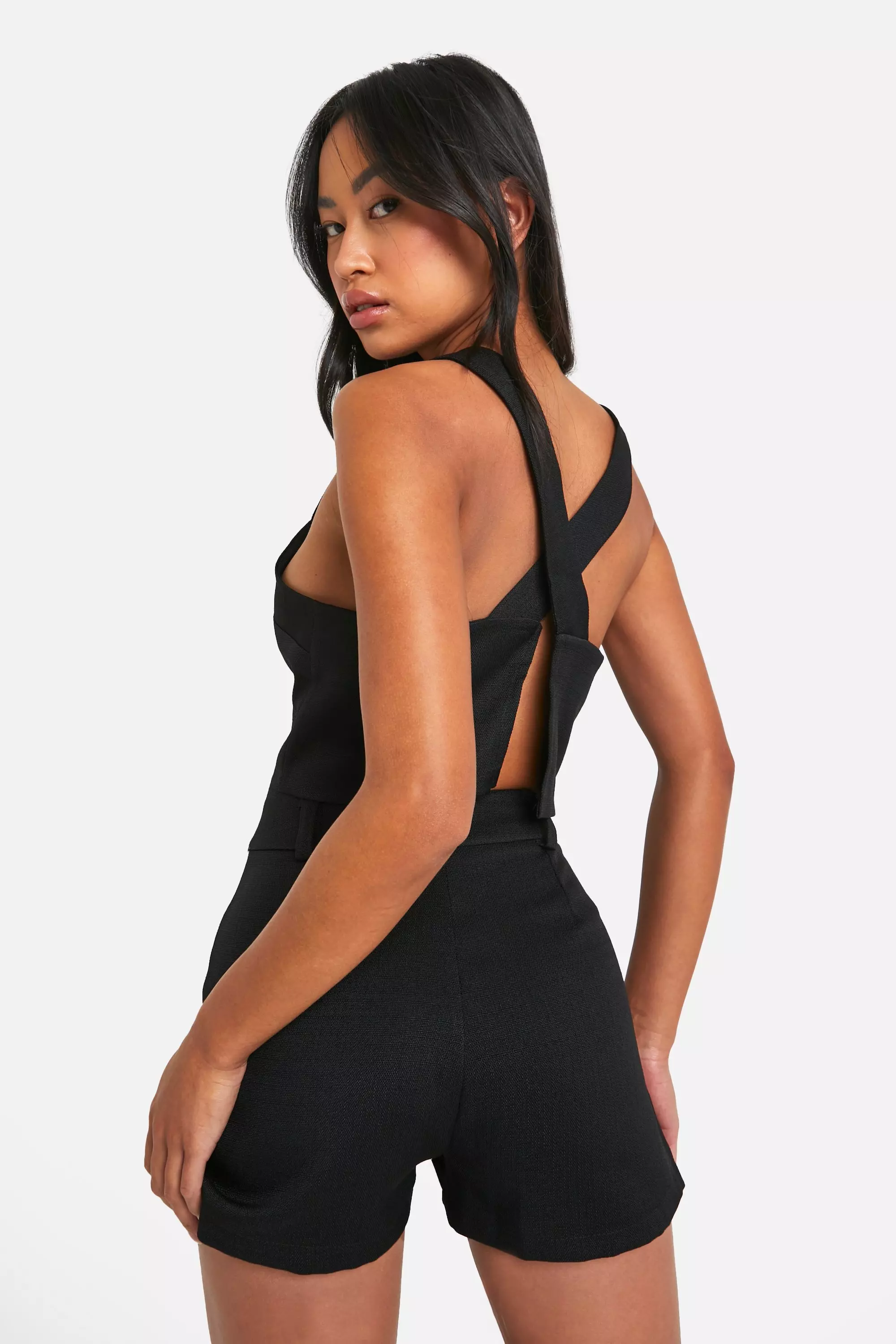 Black Textured Linen Look Fitted Tailored Shorts alternative image