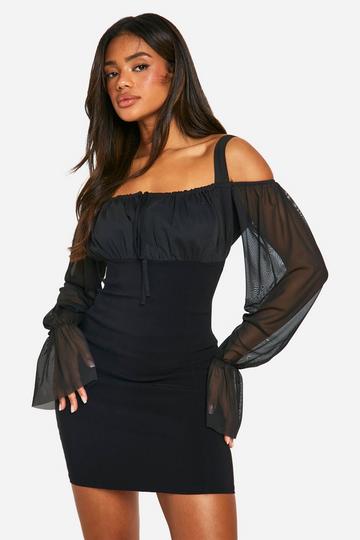 Bengaline Mesh Volume Sleeve Mini Dress black