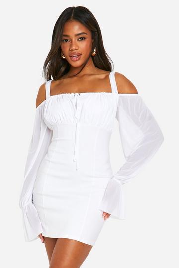 White Bengaline Mesh Volume Sleeve Mini Dress