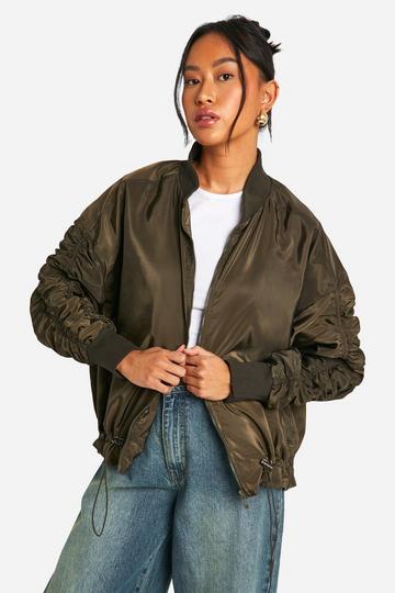 Ruched Sleeve Bomber Jacket khaki