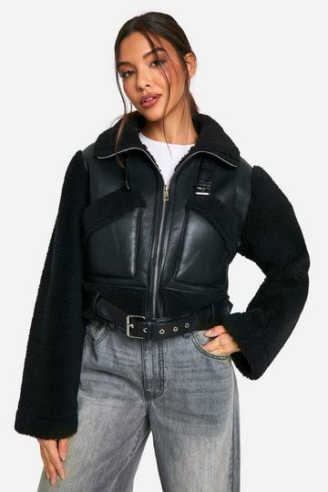 Cropped Borg Trim Aviator Jacket black