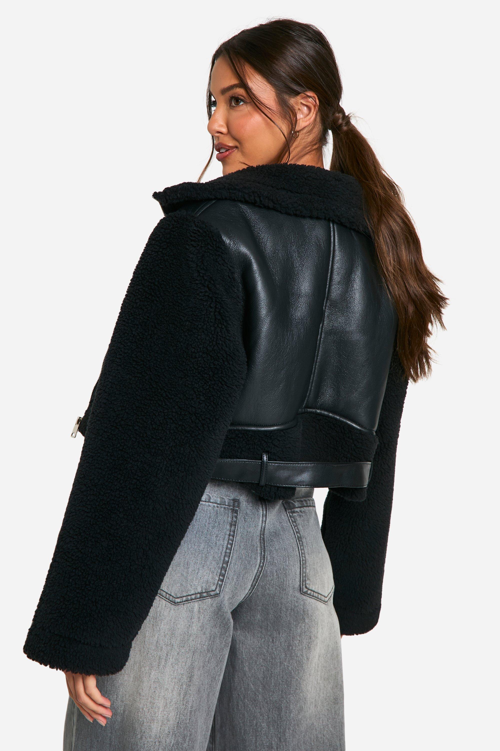 Cropped Borg Trim Aviator Jacket boohoo