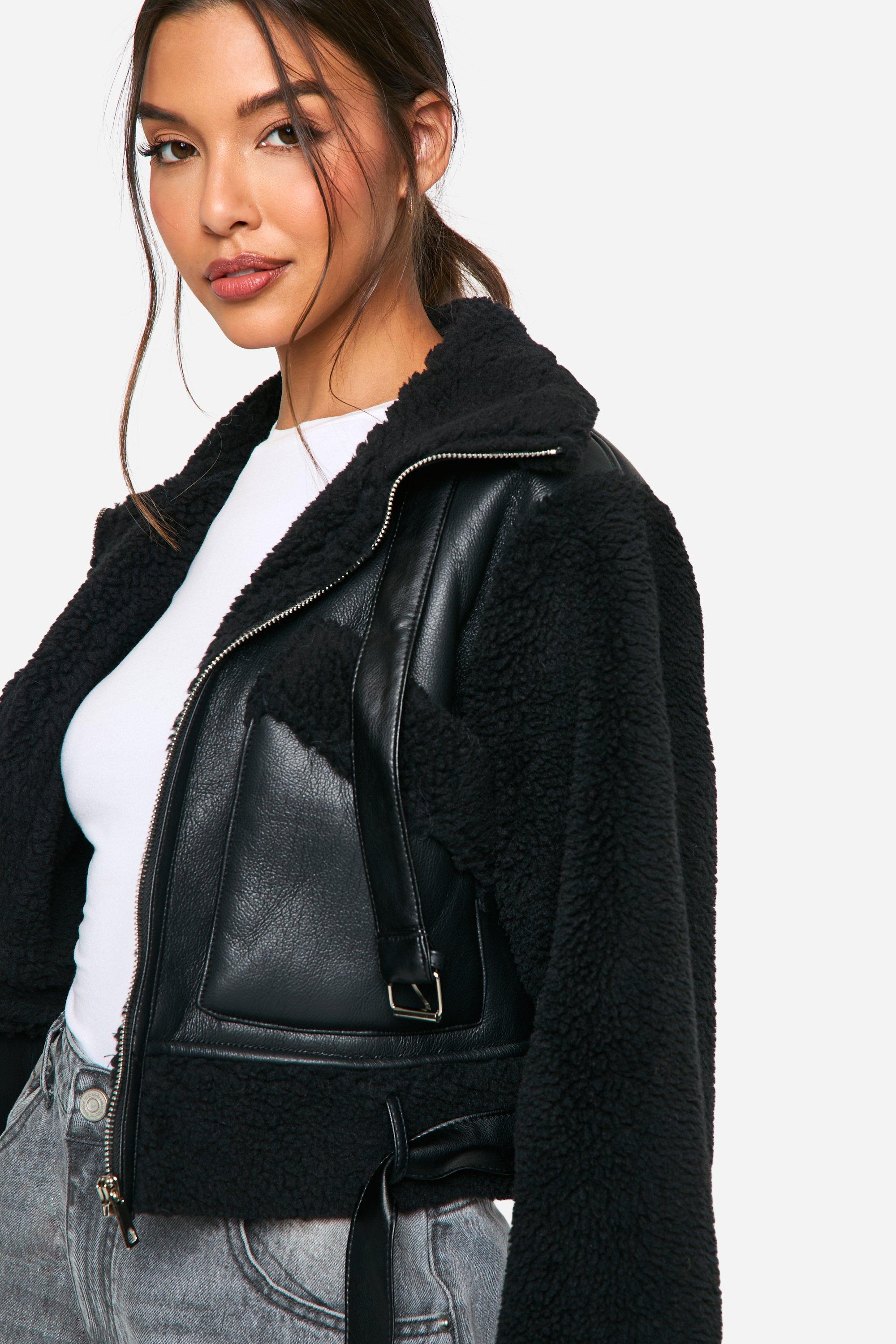 Cropped Borg Trim Aviator Jacket boohoo