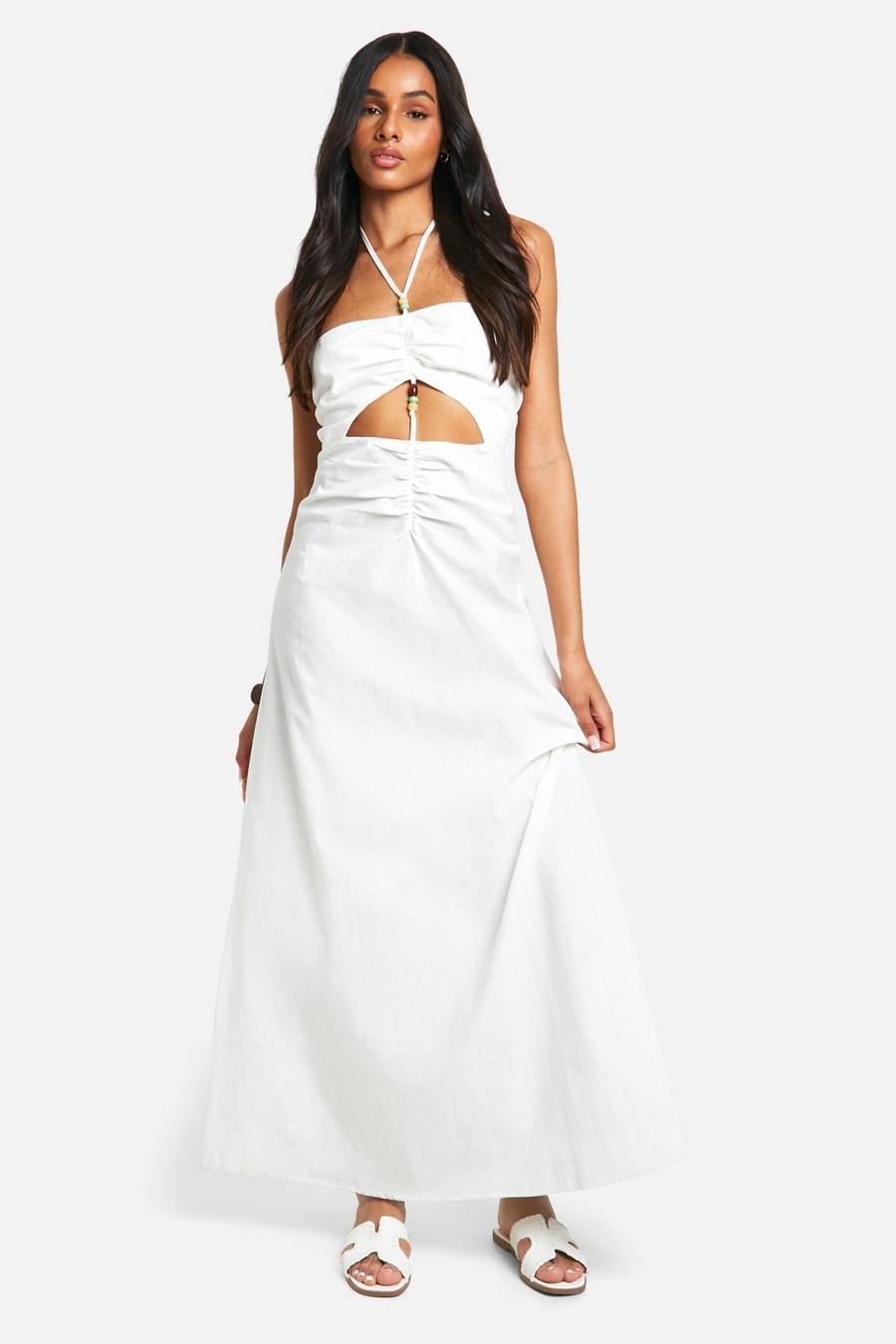 White Tall Bead Detail Linen Look Maxi Dress