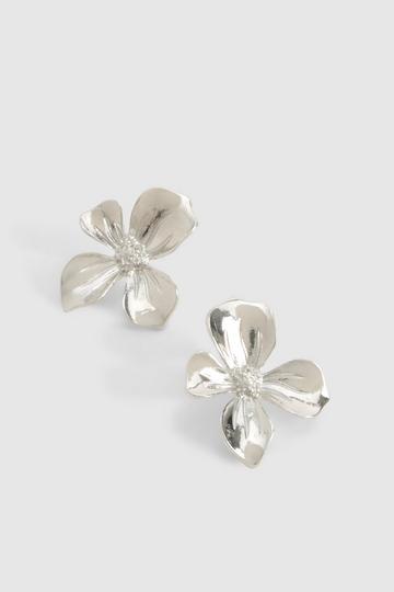 Silver Polished Flower Stud Earring