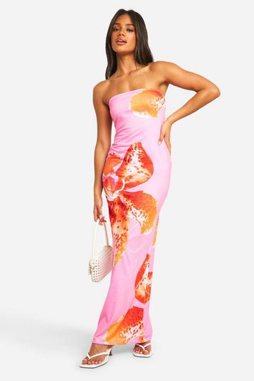 Strapless Bloemen Maxi Jurk pink