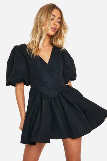 Puff Sleeve Dropped Waist Smock Dress black