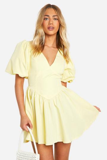 Puff Sleeve Dropped Waist Smock Dress yellow