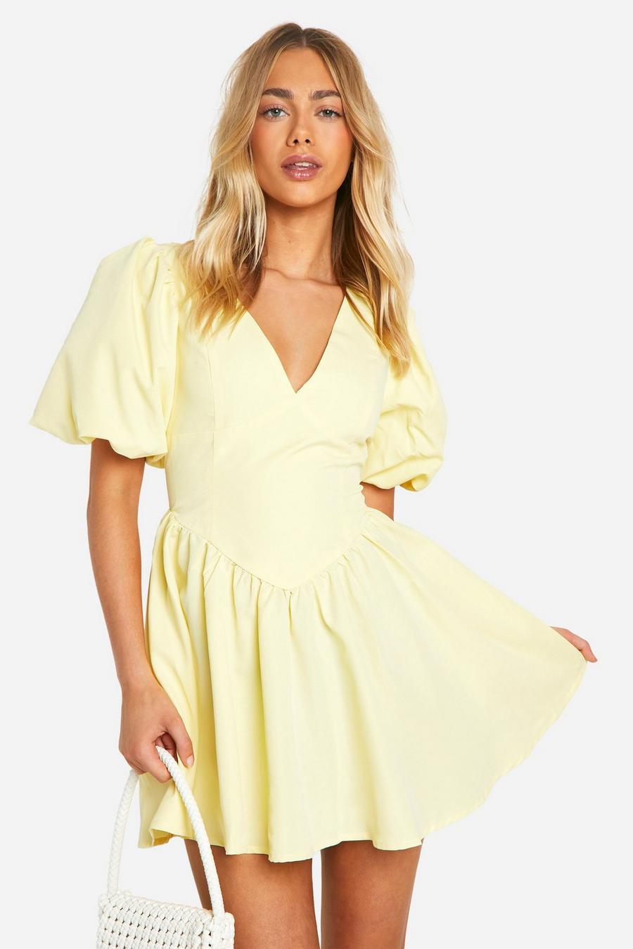 Yellow Puff Sleeve Dropped Waist Smock Dress image number 1