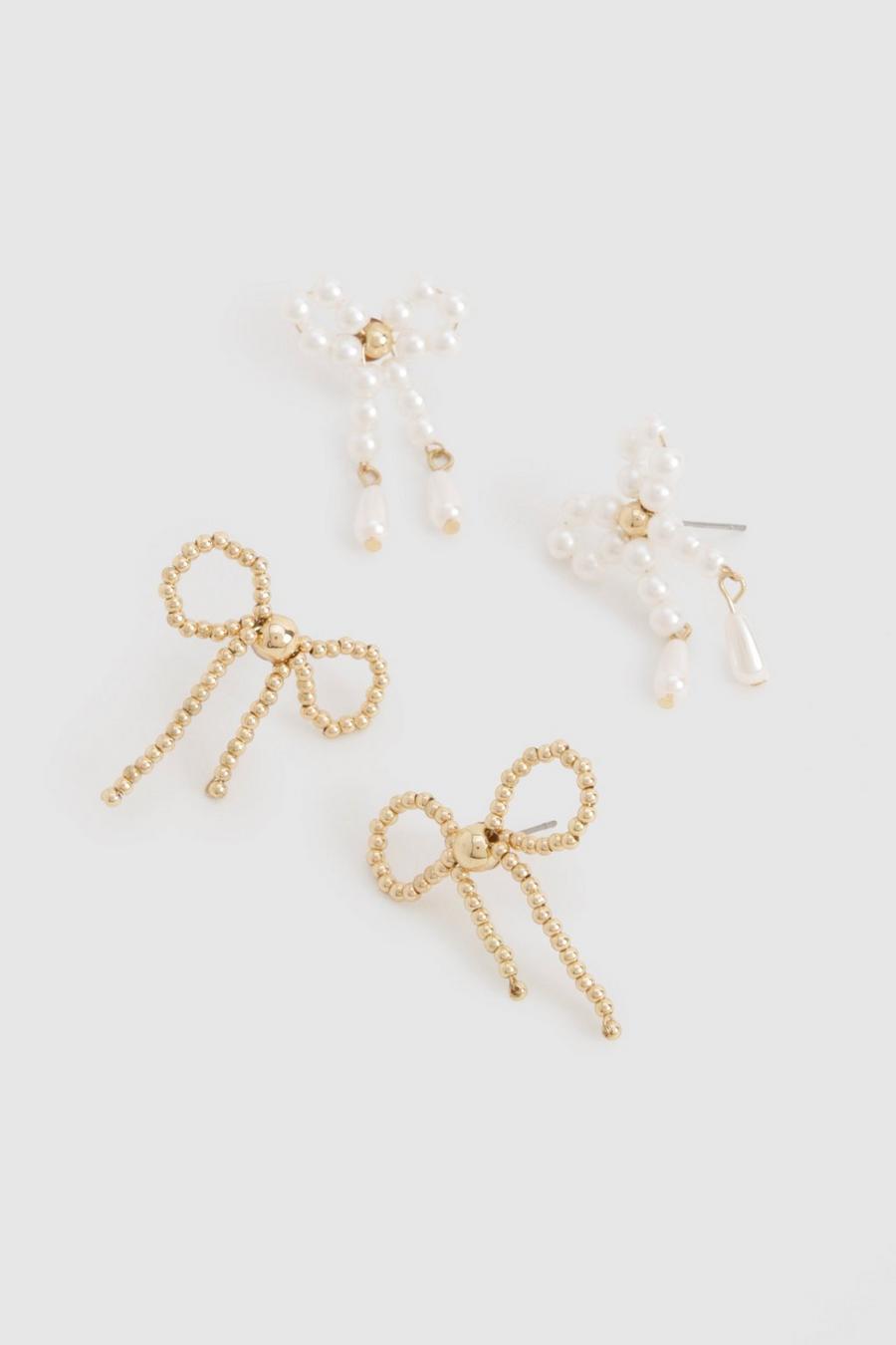 Gold Pearl Bow Detail Earrings 2 Pack  image number 1