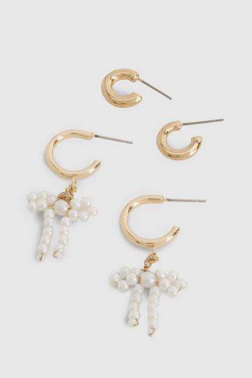 Pearl Bow Detail Hoop Earrings 2 Pack gold