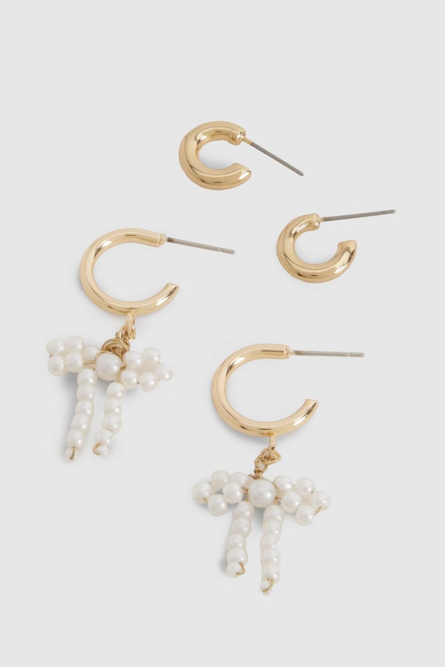 Gold Pearl Bow Detail Hoop Earrings 2 Pack  image number 1