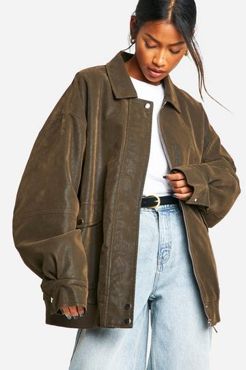 Brown Vintage Look Faux Leather Oversized Bomber Jacket