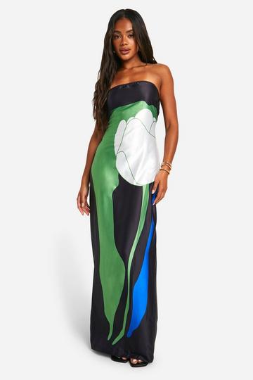 Black Large Tulip Satin Maxi Dress