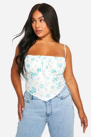 Plus Bengaline Ditsy Floral Milkmaid Corset Top blue