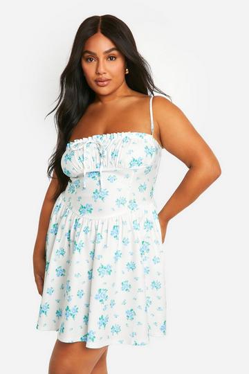 Plus Bengaline Ditsy Floral Milkmaid Skater Dress blue