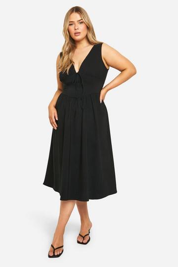 Black Plus Bengaline Plunge Corset Midi Skater Dress