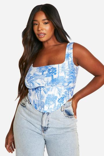 Plus Bengaline Porcelain Print Corset Top blue