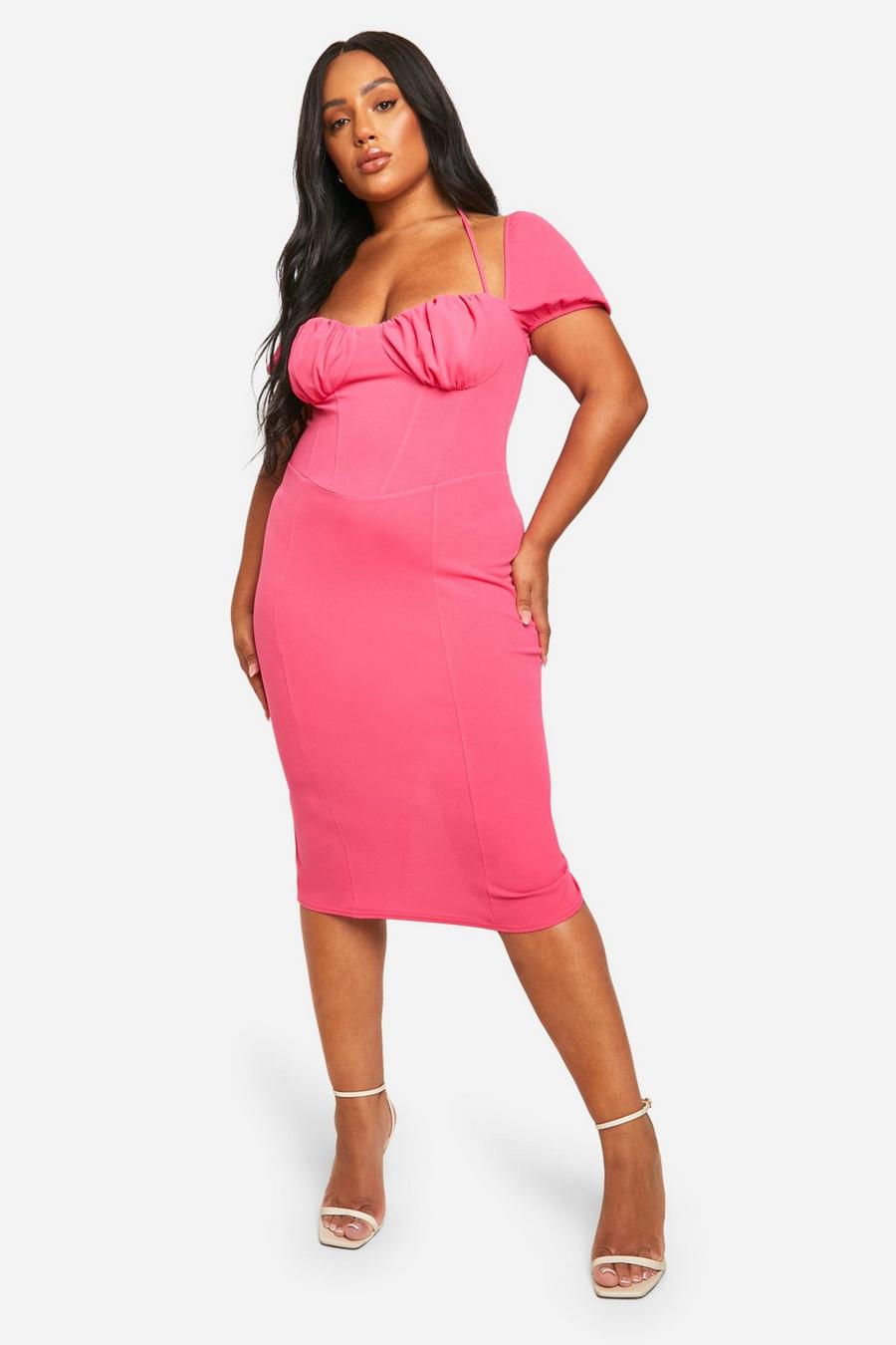 Hot pink Plus Puff Sleeve Midi Dress  image number 1