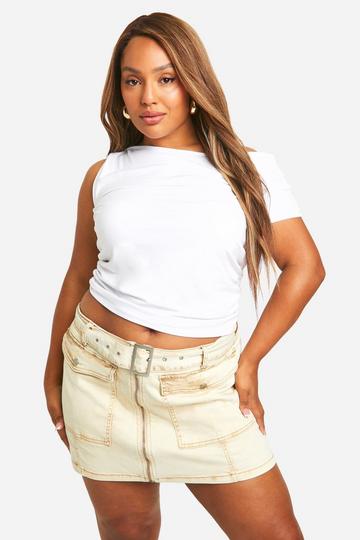 Plus Washed Denim Belt Mini Skirt sand