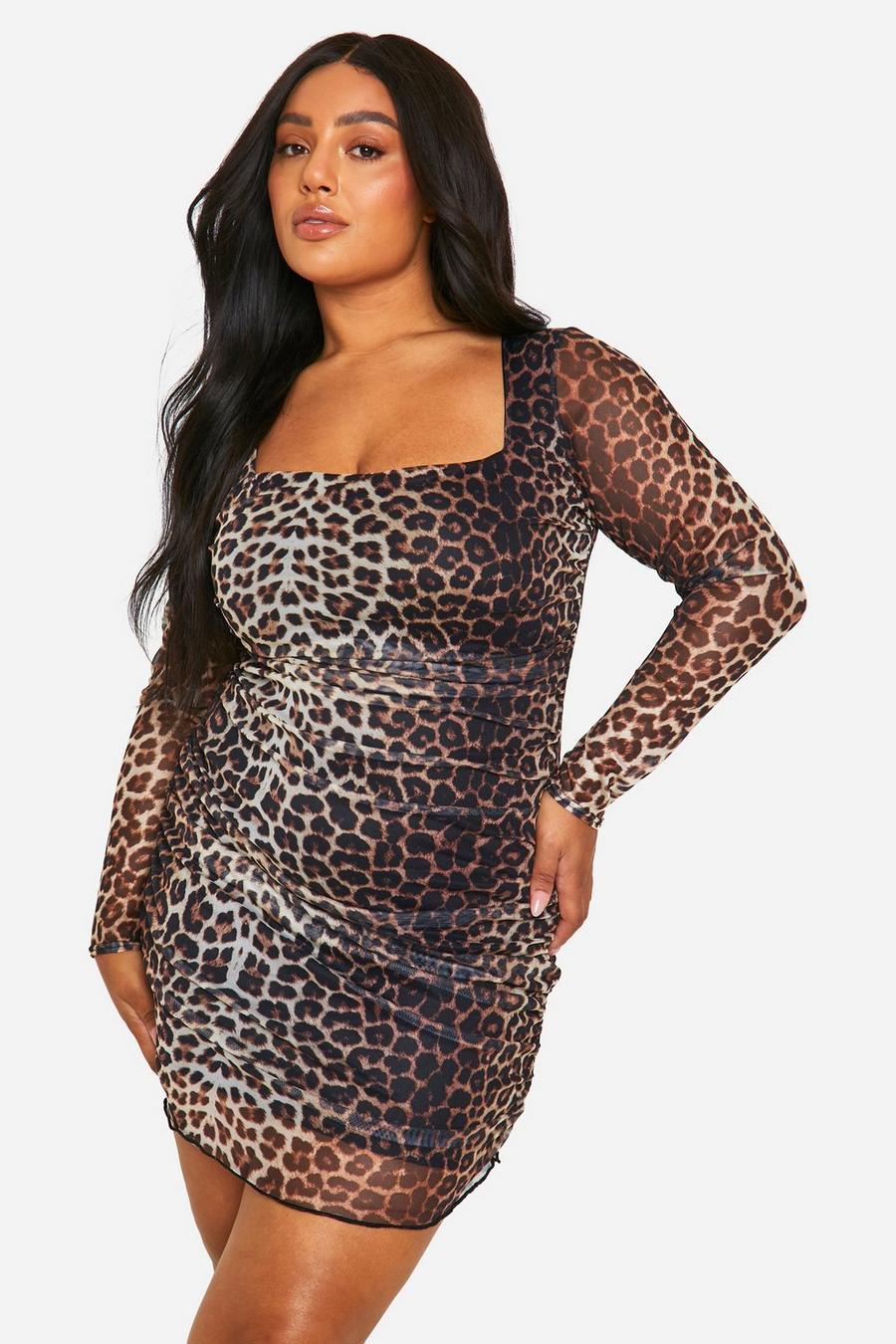 Plus Mesh Leopard Ruched Bodycon Dress