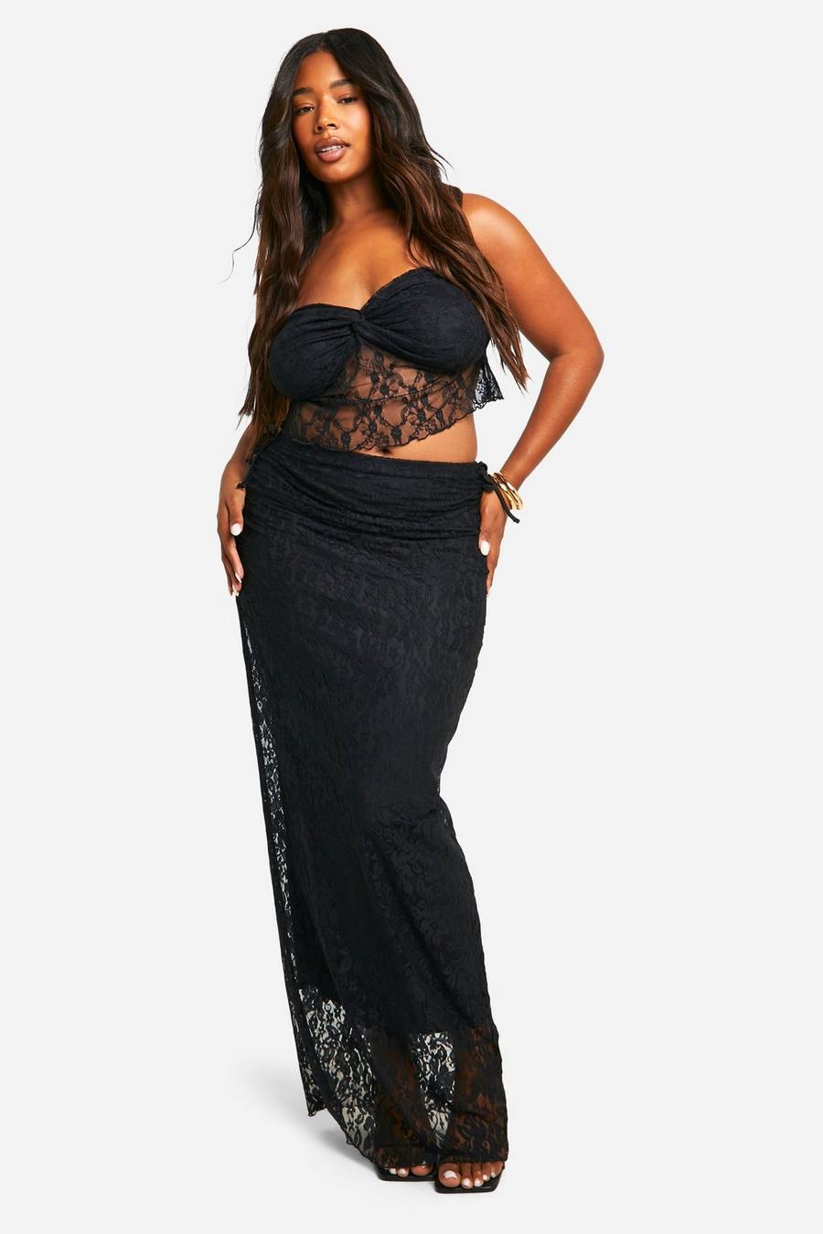Black Plus Lace Ruched Side Maxi Skirt 