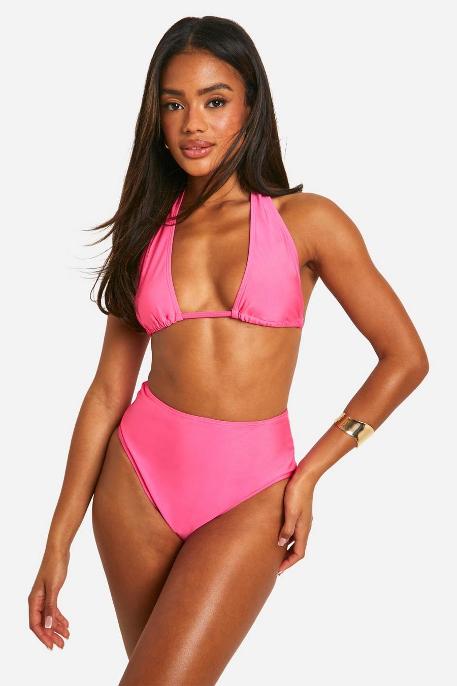 Bright pink Tummy Control Halterneck High Waisted Bikini Set image number 1