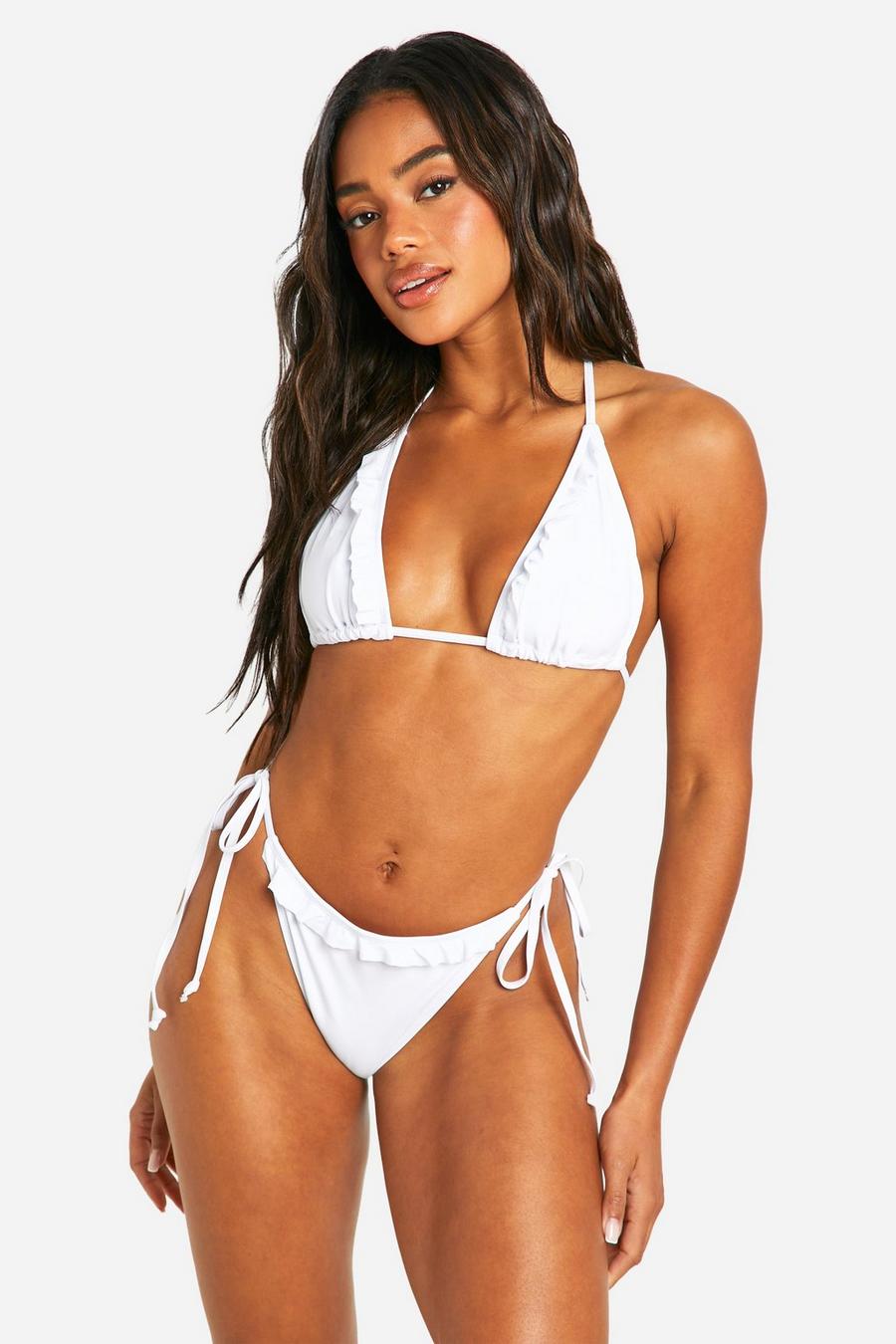 White Ruffle Detail Triangle Bikini Set image number 1